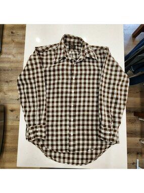 Vintage Sears Flannel Shirt Men Large Brown Plaid Perma-Prest Button USA 70s